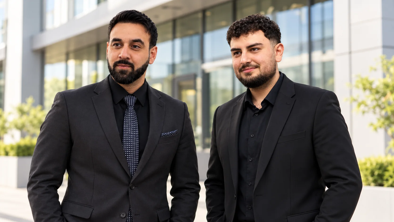 Herr Issa Sadat und Herr Hamse Kheder vor dem Unternehmensgebäude